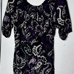 INC International Concepts Women's Purple, Black and White Paisley Top